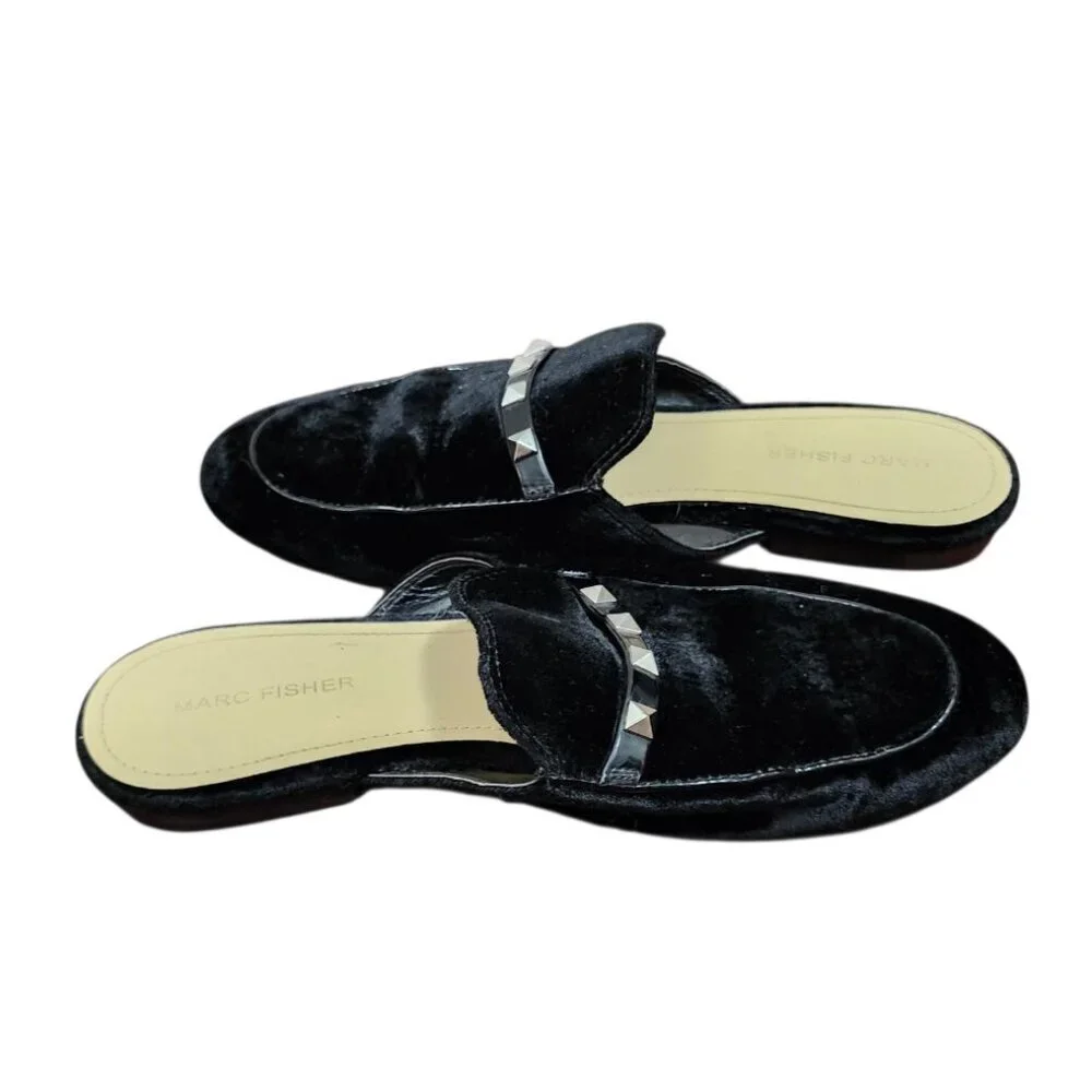 Marc Fisher Women's SZ 8.5 Wishing Mules Black Velvet Studded Slip On Loafers